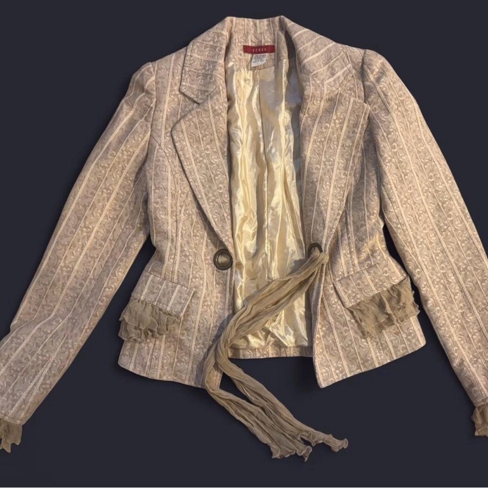 Vtg Ceres Cream Textured Blazer with Fringe